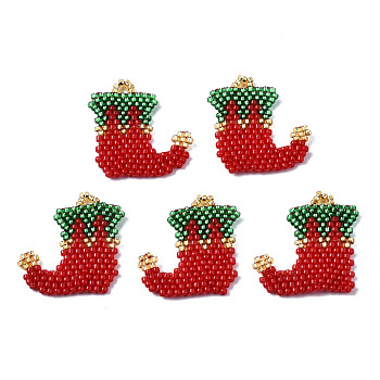 MIYUKI & TOHO Japanese Seed Beads, Handmade Pendants, Loom Pattern, Christmas Sock, FireBrick, 23x22x2mm, Hole: 1.8mm