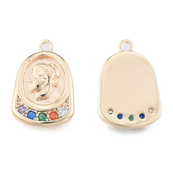 Brass Micro Pave Colorful Cubic Zirconia Pendants, Cadmium Free & Nickel Free & Lead Free, Half Oval with Woman, Real 18K Gold Plated, 17x11x2mm, Hole: 1.2mm