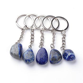 Natural Lapis Lazuli Keychain, with Iron Findings, Platinum, 85~94mm