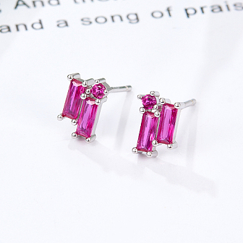 Cubic Zirconia Rectangle Stud Earrings, Silver 925 Sterling Silver Post Earrings, with 925 Stamp, Fuchsia, 8.5x5.8mm