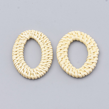 Handmade Spray Painted Reed Cane/Rattan Woven Linking Rings, For Making Straw Earrings and Necklaces,  Dyed, Pearlized Effect, Oval, Lemon Chiffon, 46~54x32~40x4~5mm, inner measure: 28~37x16~19.5mm
