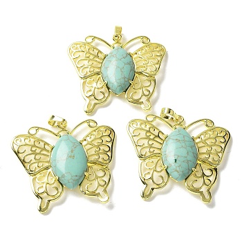 Synthetic Turquoise Pendants, Brass Butterfly Charms, Golden, Rack Plating, Cadmium Free & Lead Free, 41.5x45x8mm, Hole: 8x4.5mm