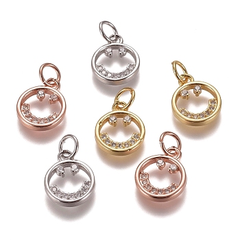 Brass Micro Pave Clear Cubic Zirconia Charms, with Jump Rings, Smiling Face, Mixed Color, 12x10x2mm, Hole: 3mm