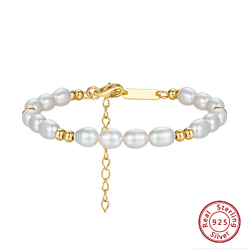 925 Sterling Silver & Natural Pearl Beaded Bracelets, Real 14K Gold Plated, 6-7/8 inch(17.5cm)