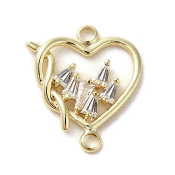 Brass Pave Clear Cubic Zirconia Connector Charms, Heart Links, Valentine's Day, Golden, 18x15.5x2~2.5mm, Hole: 1.8mm