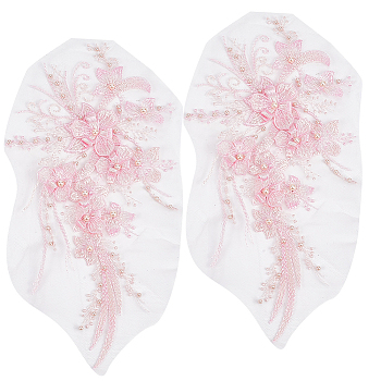 3D Flower Polyester Embroidery Sew on Appliques, with ABS Plastic Imitation Pearl, Sewing Craft Decoration for Wedding Dress, Cheongsam, Pink, 300x160x7.5mm