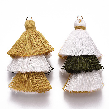 Cotton Tassel Big Pendant Decorations, with Light Gold Plated Iron Jump Rings, Goldenrod, 70~75x22~30x22~30mm, Hole: 4.5mm
