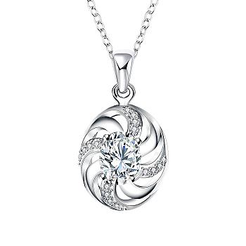 Silver Plated Brass Cubic Zirconia Oval Pendant Necklaces, Clear, 18 inch
