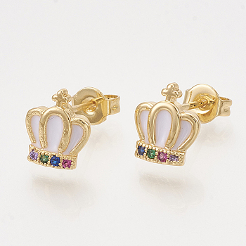Brass Cubic Zirconia Stud Earrings, with Enamel and Ear Nuts, Crown, Golden, White, 9x8mm, Pin: 0.7mm