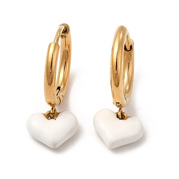 White Enamel Heart Dangle Hoop Earrings, Vacuum Plating 304 Stainless Steel Jewelry for Women, Golden, 21mm, Pin: 0.9mm