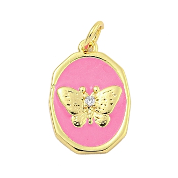 Rack Plating Brass Enamel Pendants, with Jump Ring, Cadmium Free & Lead Free, Long-Lasting Plated, Real 18K Gold Plated, Oval with Butterfly Charm, Pearl Pink, 18x12x2.5mm, Hole: 3mm