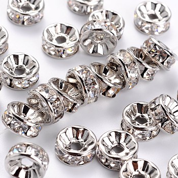 Brass Rhinestone Spacer Beads, Grade AAA, Straight Flange, Nickel Free, Platinum Metal Color, Rondelle, Crystal, 8x3.8mm, Hole: 1.5mm
