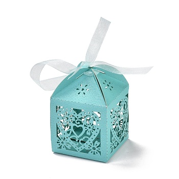 Laser Cut Paper Hollow Out Heart & Flowers Candy Boxes, Square with Ribbon, for Wedding Baby Shower Party Favor Gift Packaging, Turquoise, 5x5x7.6cm