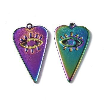 Ion Plating(IP) 304 Stainless Steel Pendant Cabochon Settings, Heart with Eye, Rainbow Color, 27.5x16x2mm, Hole: 1.4mm, Tray: 2.5mm