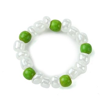 Round Synthetic Turquoise with Glass Seeded Beaded Stretch Rings for Women, Yellow Green, 4~5mm, Inner Diameter: 16mm