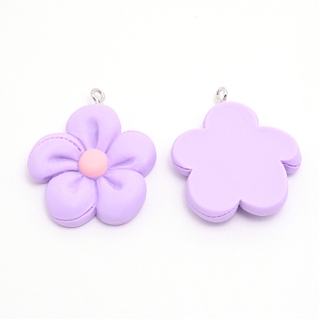 Resin Pendants, with Platinum Iron Finding, Flower, Lilac, 35x30x6mm, Hole: 2mm