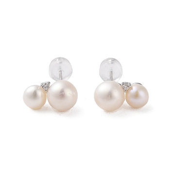 925 Sterling Silver Studs Earring, with Cubic Zirconia and Natural Pearl, Platinum, 12.5x6.5mm