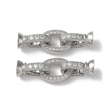 Rack Plating Brass Pave Clear Cubic Zirconia Fold Over Clasps, Oval, Platinum, Oval: 13x9.5x2mm, Clasps: 13x7x6.5mm, Inner Diameter: 4.5mm