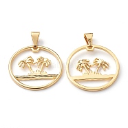 Brass Pendants, Long-Lasting Plated, Flat Round with Palm Tree, Real 18K Gold Plated, 26x26x3.5mm, Hole: 8x3mm(KK-Z010-24G)