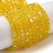 Electroplate Transparent Glass Beads Strands, Faceted, Round, Rainbow Plated, Yellow, 4mm, Hole: 0.7mm, about 88~95pcs/strand, 12.99~14.06 inch(33~35.7cm)(EGLA-A035-T4mm-L03)