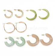 C-shape Stud Earrings, Resin Half Hoop Earrings, Open Hoop Earrings for Women, Glden, Mixed Color, 24.5~35x5~10mm, Pin: 0.8mm, 5 pairs/set(EJEW-D277-12G)
