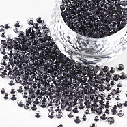 8/0 Glass Seed Beads, Transparent Inside Colours, Round Hole, Round, Gray, 8/0, 3~4x2~3mm, Hole: 0.8mm, about 3333pcs/100g(X1-SEED-A014-3mm-134B)