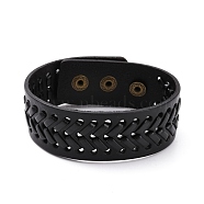 Vintage Cowhide Leather Braided Cord Bracelet for Men, Hollow Wide Band Bracelet with Iron & Alloy Snap Button, Antique Golden, Black, 9-1/4 inch(23.5cm)(BJEW-A039-02A)