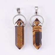 Natural Tiger Eye Double Terminated Pointed Pendants, with Brass Findings, Bullet, Platinum, 38.5~40.5x14.5x13mm, Hole: 4x8mm(G-P373-B03)