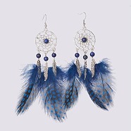 Alloy Dangle Earrings, with Brass Earring Hooks, Natural Lapis Lazuli Round Beads and Chicken Feather Costume, Woven Net/Web with Feather, Prussian Blue, 140mm, Pin: 0.6mm, 120x50x8mm(EJEW-JE02709-02)