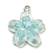 Translucent Resin Pendants, Flower Charms, with Platinum Tone Iron Loops, Pale Turquoise, 23x20x6mm, Hole: 1.5mm(RESI-G078-01C)