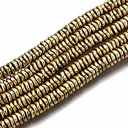 Electroplate Non-magnetic Synthetic Hematite Beads Strands, Flat Round/Disc, Heishi Beads, Real 18K Gold Plated, 4x1.5mm, Hole: 1mm, about 300pcs/strand, 15.94 inch(40.5cm)(X-G-T114-55G)