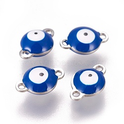 304 Stainless Steel Enamel Links connectors, Flat Round with Evil Eye, Stainless Steel Color, Marine Blue, 14.5x10x4.5mm, Hole: 1.4mm(STAS-F206-02P-C04)