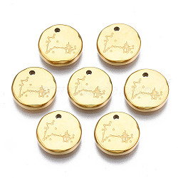 316 Surgical Stainless Steel Charms, Flat Round with Constellation, Real 14K Gold Plated, Pisces, 10x2mm, Hole: 1mm(STAS-S116-418L-G)