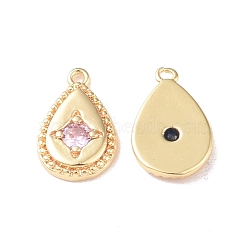 Brass Charms, with Glass, Teardrop Charm, Real 18K Gold Plated, Pink, 12x8x2mm, Hole: 1mm(X-KK-I702-02A)