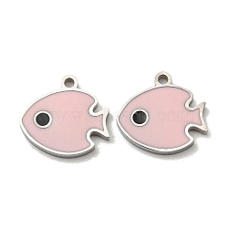 304 Stainless Steel Charms, with Enamel, Fish Charms, Stainless Steel Color, Pink, 10x11x1mm, Hole: 1mm(STAS-L022-168P)