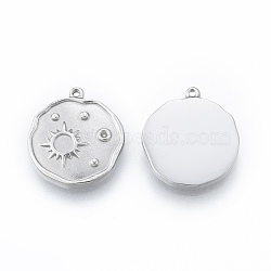 304 Stainless Steel Pendant Rhinestone Settings, Flat Round with Sun, Stainless Steel Color, Fit for 1mm Rhinestone, 17x15x3mm, Hole: 1mm(STAS-N097-251P)