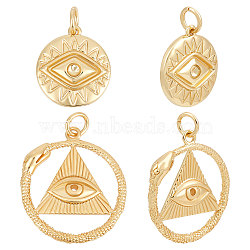 8Pcs 2 Styles Brass Pendant Rhinestone Settings, with Jump Rings, Flat Round with Evil Eye, Real 18K Gold Plated, 15.5~22x14.5~20x2.5~3.5mm, Hole: 3.5mm, 4pcs/style(KK-BBC0005-74)
