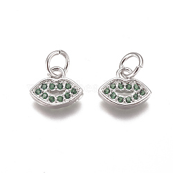 Brass Micro Pave Cubic Zirconia Charms, with Jump Rings, Lip, Green, Platinum, 7x8.5x1.5mm, Hole: 3mm(ZIRC-I038-15P)