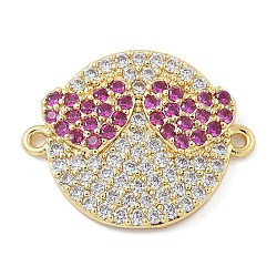 Rack Plating Brass Micro Pave Clear Cubic Zirconia Flat Round Connector Charms, Funny Heart Face Links, Real 18K Gold Plated, Long-Lasting Plated, Fuchsia, 18x22x3mm, Hole: 1.2mm(KK-A234-040G-01)