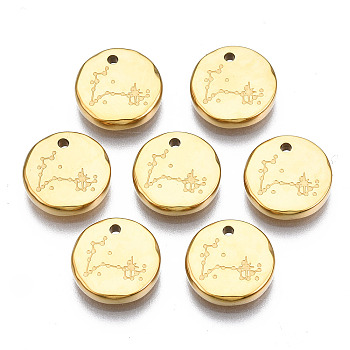 316 Surgical Stainless Steel Charms, Flat Round with Constellation, Real 14K Gold Plated, Pisces, 10x2mm, Hole: 1mm