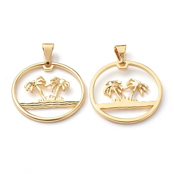 Brass Pendants, Long-Lasting Plated, Flat Round with Palm Tree, Real 18K Gold Plated, 26x26x3.5mm, Hole: 8x3mm