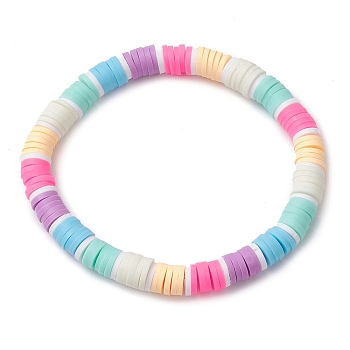 Rainbow Color Disc Handmade Polymer Clay Beaded Stretch Kid Bracelets for Girls, Colorful, Inner Diameter: 1-5/8 inch(4.25cm)