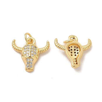 Rack Plating Brass Micro Pave  Cubic Zirconia Pendants, with Jump Rings, Cadmium Free & Lead Free, Cattle, Real 18K Gold Plated, 15x15x3.5mm, Hole: 3mm