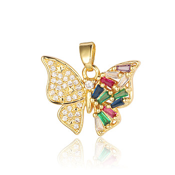 Brass Micro Pave Colorful Cubic Zirconia Pendants, Butterfly Charms, Real 18K Gold Plated, 16x20x3mm, Hole: 4.5x2.5mm