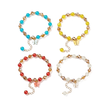 Round Glass Beaded Stretch Bracelet with Alloy Butterfly Charm for Women, Mixed Color, Inner Diameter: 2 inch(5.1cm)