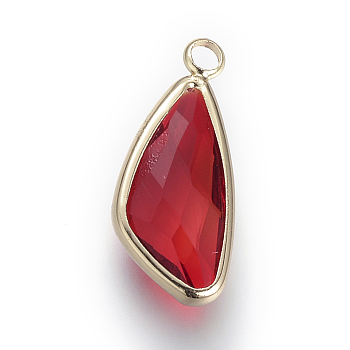 Glass Pendants, with Brass Findings, Faceted, teardrop, Dark Red, 22x9.5x4.5mm, Hole: 2.5mm