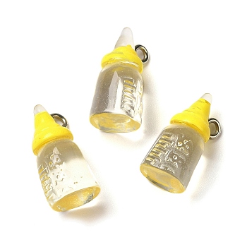 Transparent Resin Pendants, Milk Bottle Charms, with Platinum Tone Zinc Alloy Loops, Green Yellow, 20x9mm, Hole: 2mm