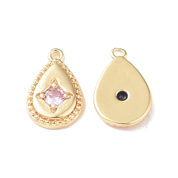 Brass Charms, with Glass, Teardrop Charm, Real 18K Gold Plated, Pink, 12x8x2mm, Hole: 1mm