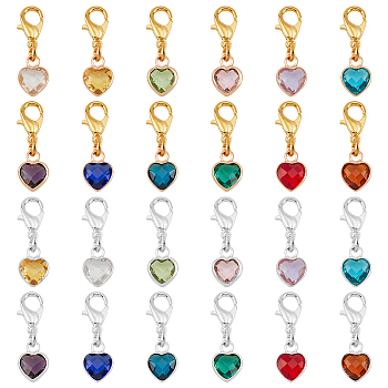 Elite 24Pcs 24 Colors Faceted Heart Glass Pendant Decoration, with Birthstone Charms, Alloy Lobster Claw Clasps Charms, Clip-on Charms, for Keychain, Purse, Backpack Ornament, Mixed Color, 20mm, 1pc/color