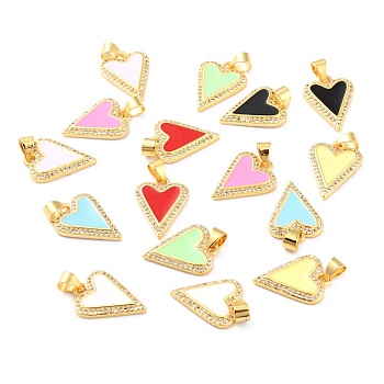 Brass Clear Cubic Zirconia Pendants, Long-Lasting Plated, with Jump Ring and Enamel, Heart, Mixed Color, 18x13x12mm, Hole: 4mm
